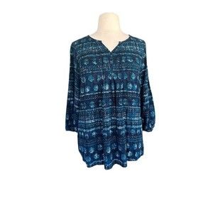 Sonoma - Blue and Green Printed Pintuck Peasant Top | Women's Size XXL | 16/18